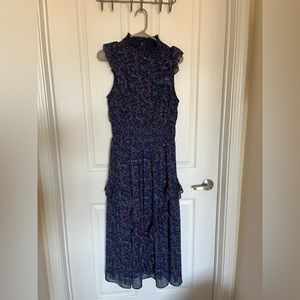 Evalina Navy blue floral print mock neck midi dress